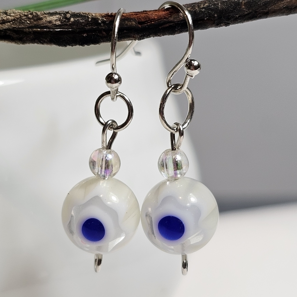 Simple Dainty Versatile Cute Murano Millefiori White Dangling Drop Earrings